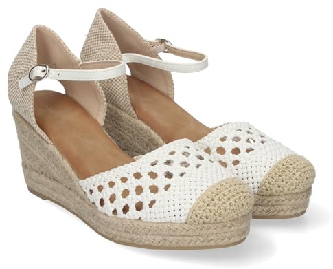 shoes&blues.es 84214 Sandalia de Cuna para Mujer, Comodas y Elegantes, Forrada de Yute, con Pala Calada, y Cierre de Hebilla. Blanco Talla 36