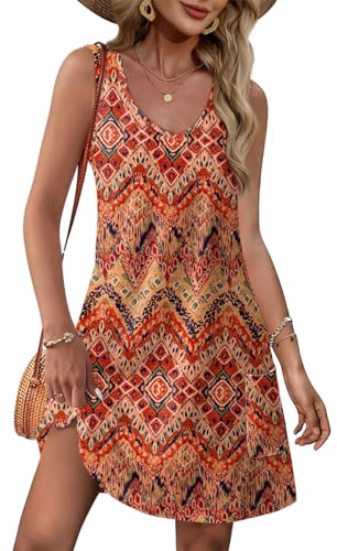 Yeenily Damen Sommerkleid V-Ausschnitt Freizeitkleider Ärmellos Lässig Trägerkleid Sommer Mini Tank Kleider Elegant Kurz Strandkleider mit Taschen (Farbe 6, S)