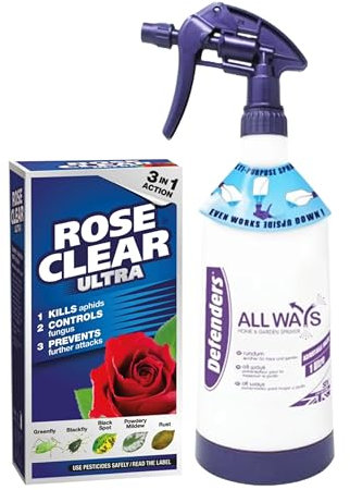 Rose Clear Bug Spray Killer - 1L Multi Purpose Home & Garden Spray Bottle & 3 in 1 Rose Ultra Shield Concentrate 200ml Insecticide and Fungicide Insect Killer. Rose Plant Protection with Topline Card