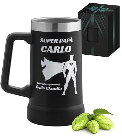 Maverton Boccale da birra per camping in acciaio inox - Tazza termica personalizzata 700ml - Bicchiere termico nero - Tazza personalizzata - Regalo uomo - Regalo papa compleanno - Idee regalo papà