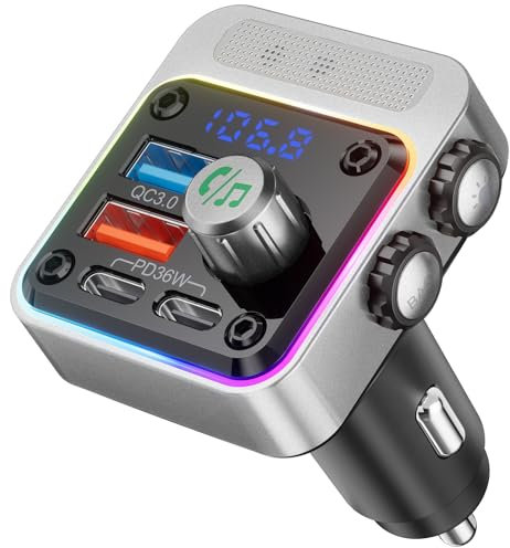 Adattatore per auto Bluetooth 5.3 Nulaxy 54W con 4 porte di ricarica [PD 36W e QC3.0 18W], trasmettitore radio FM wireless con lettore di bassi profondi e retroilluminazione a LED a 5 colori, chiamata