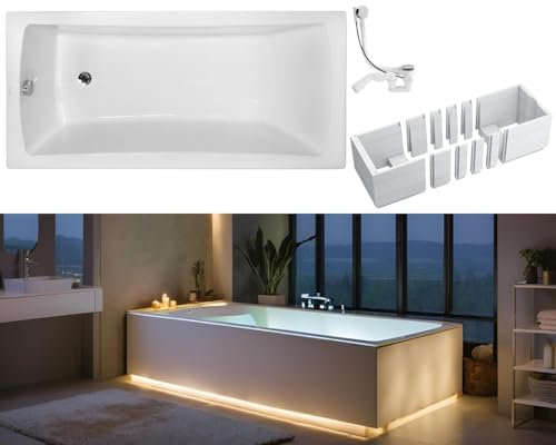 VBChome Badewanne 150 x 70 cm Weiß Acryl Wannenträger Platz für LED-Beleuchtung Styroporträger Siphon Wanne Rechteck Design Modern Ablaufgarnitur in Chrom