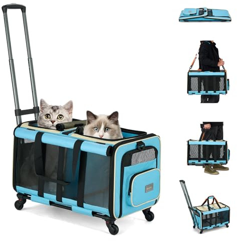MILADA Katzentragetasche weich mit Rollen für 2 Katzen, weiche Katzentrage mit Griff, faltbar, Doppelfach, Rolltasche für Reisen, Hundebox, Wandern, Einkaufen und Camping (nicht für Flugreisen), Blau