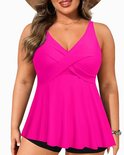Plus Size Tankini Top Only - Flowy Bathing Suits Top Plus Size Swim Top 2025 Modest Swimsuits Top Hot Pink 18W