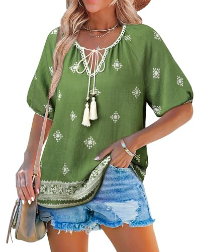 Cerrlop Bohemian Bluse Sommer Kurzarm: Bluse Mit Raglanärmel Damen - Sommerbluse Damen Strandurlaub - V-Ausschnitt Bluse Kurzarm Freizeiturlaub