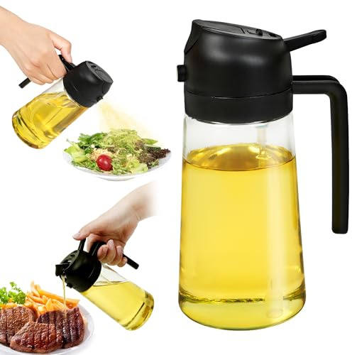 ELIVARA 2-in-1 Oil Sprayer and Dispenser, 16oz / 470mL Glass Olive Oil Bottle for Cooking, Grilling, and Salad Dressing – BPA-Free, Easy-Pour, Anti-Clog Nozzle, Dishwasher Safe (Black)