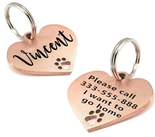 Hundemarken mit Gravur für Haustiere – personalisierte Hundemarken mit hübschen Symbolen, langlebige Haustier-ID-Marken aus Edelstahl für Hunde und Katzen, mit beidseitiger Gravur (Herz Roségold)