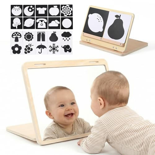 WOODEN TEETHER Baby Spiegel Spielzeug - Montessori Spielzeug für Neugeborene mit Schwarz-Weiß Visuelle Karten, Hölzernes Bauchzeit-Spiegelspielzeug für Neugeborene 0-12 Monate Neugeborenen Geschenk