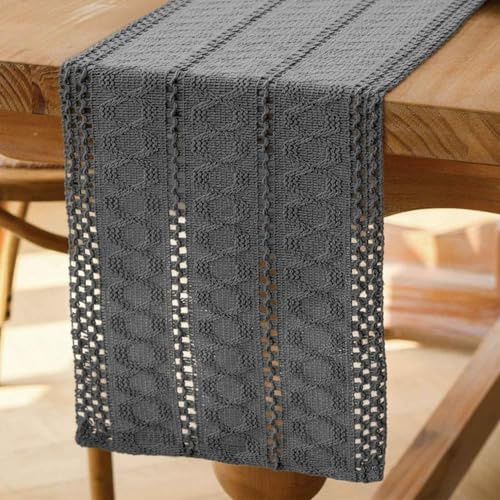 Avalune Chemin de Table Gris Boho Centre de Table Ferme Moderne Petite Decoration Table Nappe Macramé Coton Lin Campagnard Chemin de Table Cuisine Vacances Mariage Fête Anniversaire Décor 30x140 cm