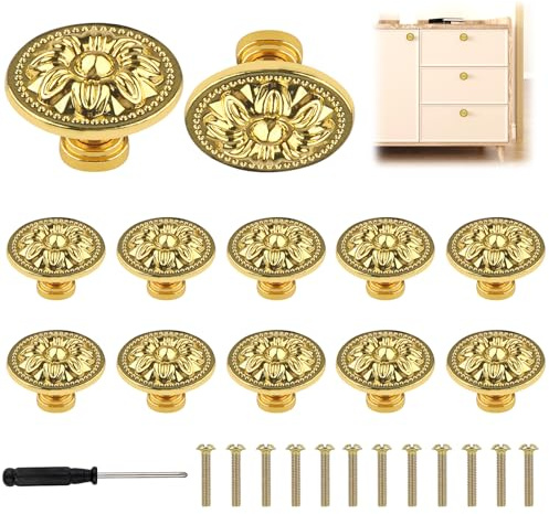 YnewL 12 Piezas Vintage Tiradores Armarios, 30mm Redondo Tiradores Cajones con Tornillos Destornillador, Patrón Floral Pomos Cocina-para Armarios, Guardarropas, Muebles y Herrajes(Dorado)
