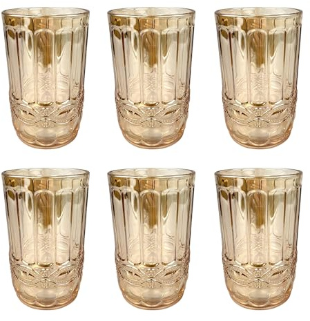 Lot de 6 verres à vin et verres à boire vintage colorés avec gaufrage en relief (nœud doré, brillant) - Verre à vin, à eau, long drink, à cocktail, verre