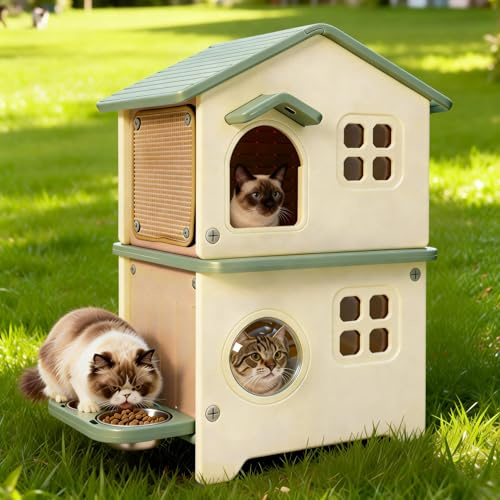 Insulated Outdoor Cat House Weatherproof for Feral Multi Cat, 2 Story Plastic Elevated Cat Shelter with Escape Door, Scratching Post, Stainless Steel Bowl, Green 21.5 D x 21 W x 34 H