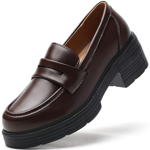 TKKAE Loafers for Women Women's Penny Platform Chunky Loafers Slip-Ons Comfortable Business Casual Dress Office Work Shoes for Ladies,Brown Leather,10