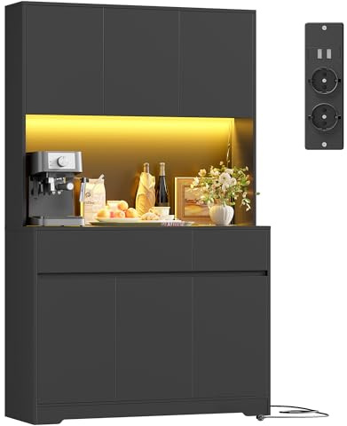 FirFurd Kitchen Cupboard 180cm Tall Cabinet with LED & Power Outlet Black