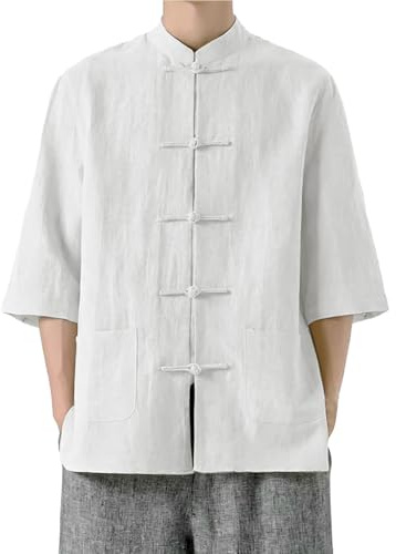 Camiseta de Kung Fu para hombres de algodón y lino - Estilo tradicional chino de traje Tang, chaqueta de manga larga, adecuada para Tai Chi y ocasiones culturales, blanco, 3XL