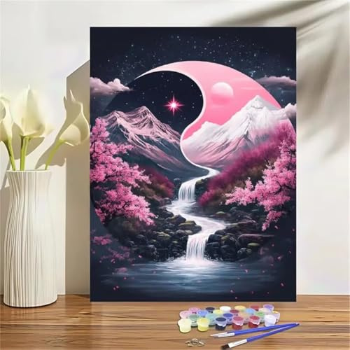 Yin Yang Landschaften Fluss Malen Nach Zahlen Kit,mlen nach zahlen Für Erwachsene Anfänger mit Rahmen DIY Paint by Numbers auf Leinwand mit Pinseln Acryl Ölgemälde für Home Wand Dekoration 40x50 cm