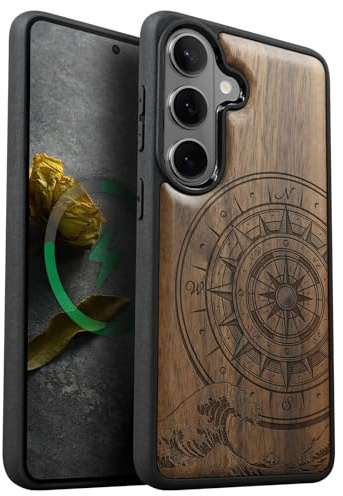 Carveit Coque en Bois pour Samsung S26, (Noyer-Boussole Vagues) | Magnétique pour Étui Bois Cover [Antichoc Pare-Chocs en TPU Souple] Case de Compatible Magsafe Samsung Galaxy S26 Coque