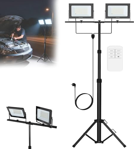 LZQ LED Baustrahler mit Stativ & Fernbedienung 2x100W Doppel Strahler Arbeitsscheinwerfer, Drehbar Fluter Baustellenlampe, IP66, Arbeitsleuchte Bauscheinwerfer Arbeitsstrahler höhenverstellbar