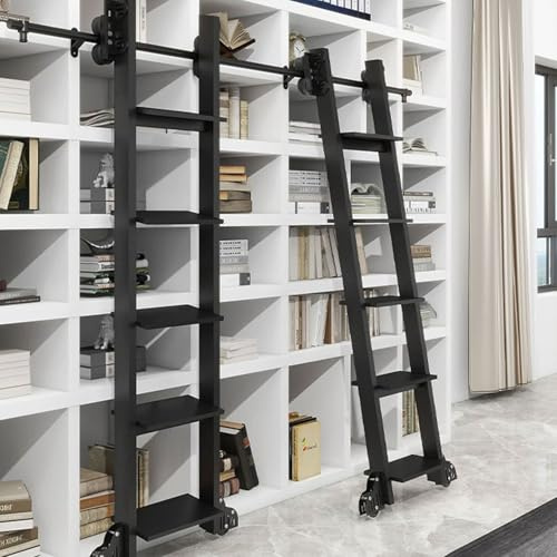 Kit de herrajes para escalera de biblioteca y loft corrediza retráctil negra | Sistema de polea y riel de acero al carbono de alta resistencia de 3.3 pies a 24 pies (sin escalera)(100cm Kit de pista)