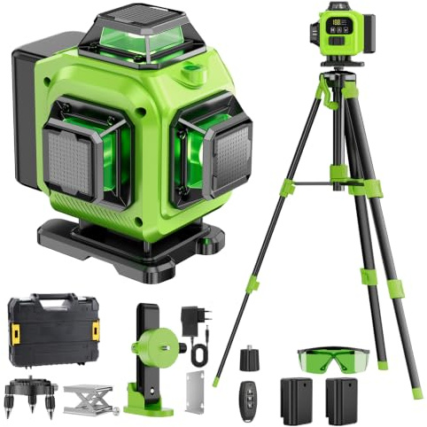 16 Line Laser Level 360 Self Leveling with Tripod, 4x360°Professional 4D Green Cross Line Laser Level with 2 Batteries & Remote Control, for Tiling Floor Construction and Picture Hanging