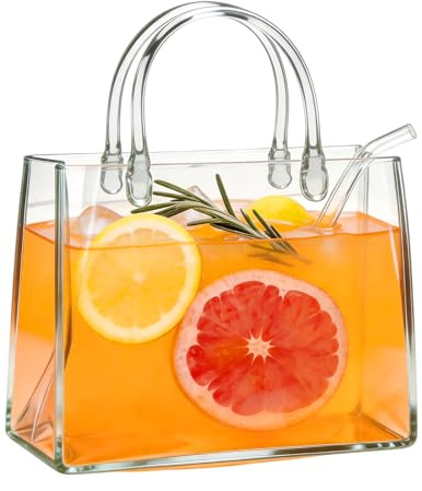 Glass Purse for Drinks, Purse Drinking Glass, Unique Wine Glasses with Straw, Decorative Fish Bowl Vase with Straw, Handbag Vases for Cute Room Decor, for Fruit Juice, Tea, Flowers