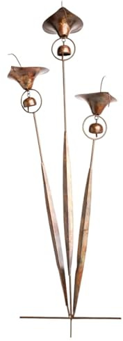 Piquet De Jardin en Cuivre Brûlé À Trois Callas avec Cloches, Pot Artisanal De Récupération d'eau De Pluie, Grande Sculpture Métallique Végétale 24 Pouces pour Jardin Et Pelouse