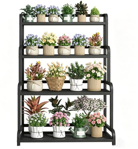 Utrymmesbesparande växtställ i 4 våningar, tålig svart blomhållare i järn Stegehylla Perfekt för hörnvisning i trädgården eller vardagsrummet(60x50x135cm)