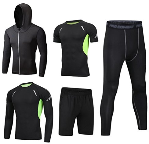 Dooxi Mens 5pcs Sports Gym Fitness Clothing Set Hoodies Jackets+Long Sleeve+Short Sleeve Base Layers T Shirts+Loose Fitting Shorts+Compression Pants for Workout Training Running Tracksuits L