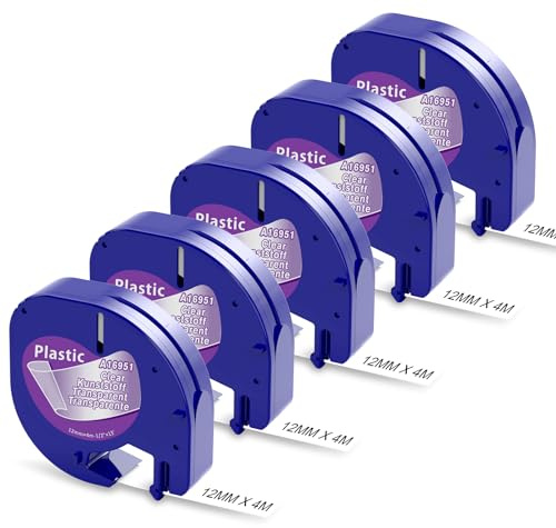 Aken Schriftband Kompatibel mit Dymo LetraTag XR Etikettenband Transparent 12mm x 4m, Clear Plastic 16951 Kompatibel mit Dymo Etikettenband Durchsichtig für LetraTag LT-100H LT-100T 200B XR XM