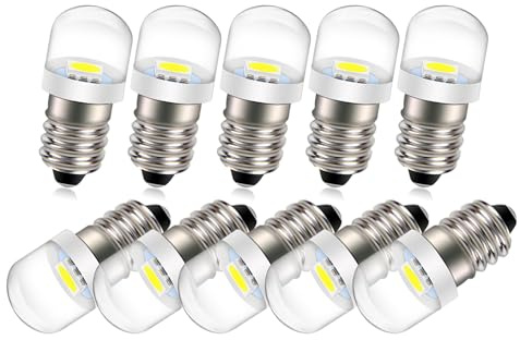 Ruiandsion 10pcs E10 LED Bulb 3V 100 Lumen 5050 1SMD White 6000K LED Replacement Bulb Upgrade for Headlamps Flashlights Torch Light,Negative Earth