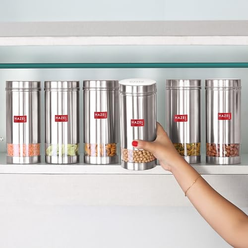 HAZEL Recipientes herméticos de cocina de acero inoxidable para almacenamiento, recipientes transparentes transparentes para cocina, juego de 6 con acabado mate, 32 onzas