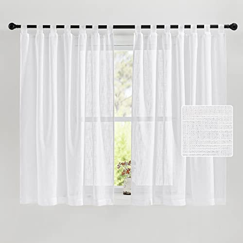 PONY DANCE 2 Stücke Schlaufengardinen Kurz Voile Gardinen Weiss Halbtransparent Vorhang Leinenoptik für Küche Lichtdurchlässige Schlaufenschal H 145 x B 140 cm