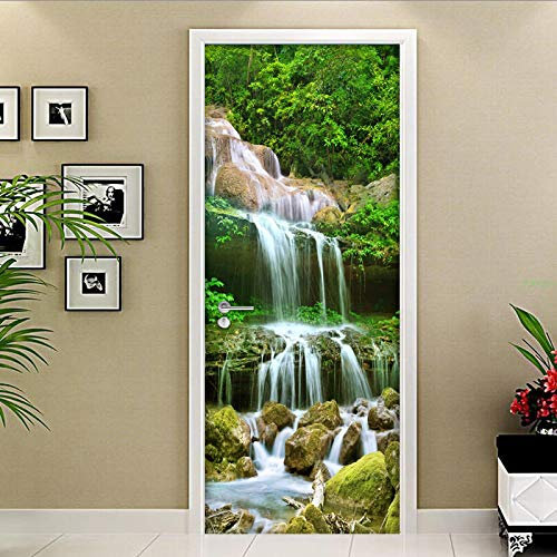 FHKGIUJAD 3D Türtapete Selbstklebend Türposter Grün Bäume Wasserfall Abnehmbares Diy Vinyl Wasserdichte Selbstklebende Tür Wandtattoos Für Schlafzimmer Büro Badezimmer 40X120Cm