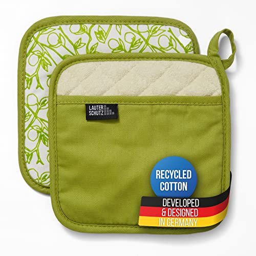 LauterSchutz® 1 pair of pot holders made of (recycled) cotton - With handle pocket and fleece lining (Green)