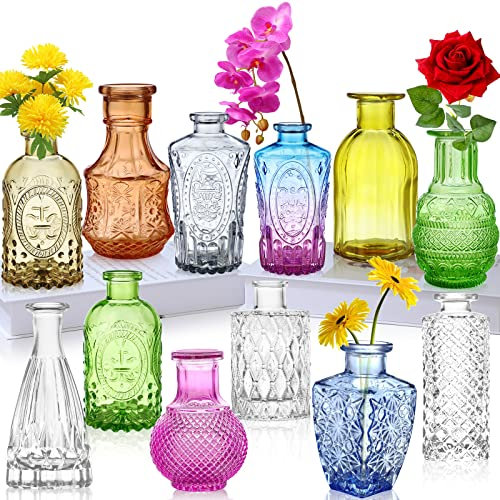Vasen Set 12 Stück Mini Vase Glas Bunte Blumenvase Glasfläschchen kleine Flasche Tischvasen Tischdeko in verschiedenen Formen Dekoration für Wohnzimmer Bad Farbig
