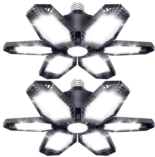 TANBABY 2 Pack LED Garage Lights, 150W Deformable Garage Light Bulb, Total 30000LM 6500K Daylight, 6+1 Adjustable Panels, E26/E27 Screw-in Ceiling Light for Basement, Gift for Men