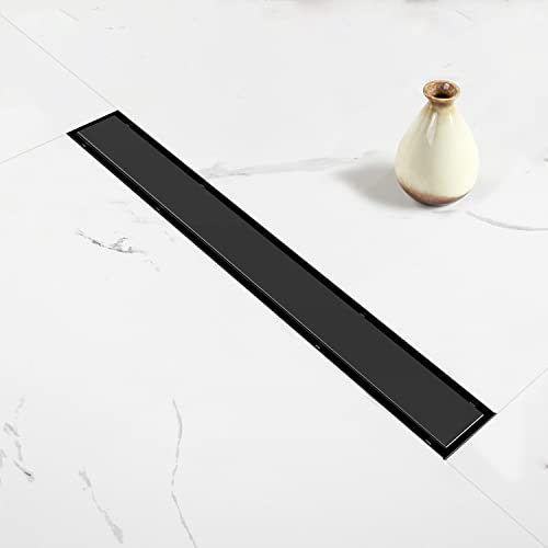 Elefloom Linearer Duschablauf, 61 cm, schwarzer Abfluss mit Flieseneinsatz, 2-in-1-Panel, gebürsteter 304 Edelstahl, Duschbodenablauf, linearer Abfluss mit Haarsieb und verstellbaren Füßen