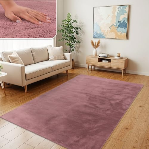 TT Home Wohnzimmer Teppich Hochflor Langflor Kunstfell Weich Modern Unifarben Flauschig, Farbe:Rosa Mauve, Größe:80x150 cm