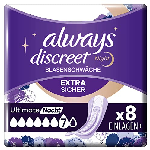 Always Discreet Inkontinenzeinlagen Plus Ultimate Nacht (8 Binden) für Damen, starker Schutz, den Sie kaum spüren
