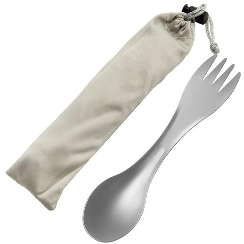 QEEYON Titan Löffel/Spork, Multifunktional Camping Besteck 2 in1 Titanium Löffel Gabel, Wiederverwendbares Ultraleichtes Spork Titan Besteck mit Aufbewahrungstasche für Wandern