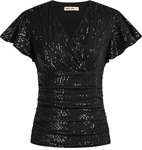 Damen Party Bluse Oberteil mit Pailletten Vintage V-Ausschnitt Shirt Kurze Ärmel Plissierte Top Glitzer Schwarz L