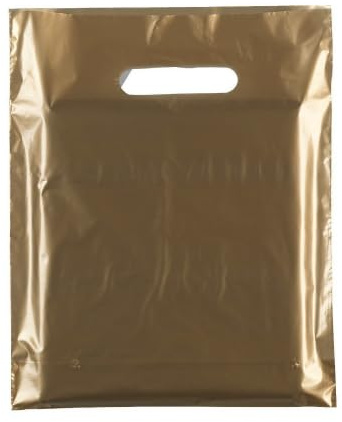 100x HEAVY DUTY STRONG COLOREDFULL PLASTIC CARRIER PATCH HANDLE BAGS, PARTY, BOUTIQUE GIFT BAGS (Gold, 10 x 12)