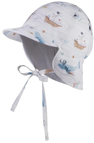 Sterntaler Schirmmütze mit Nackenschutz Piraten mit Bindeband - Baby Mütze für Jungen mit Ohrenklappen - Schirmmütze Baby mit Druckmuster - Sonnenkappe aus Baumwolle - weiß, 49