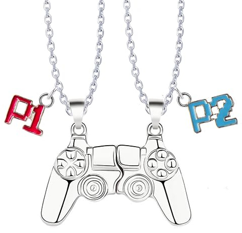 Bixorp Gamer Freundschaftskette für 2 - Magnetische BFF Kette - Controller Anhänger mit P1 & P2 - Geschenk für Gamer Best Friends