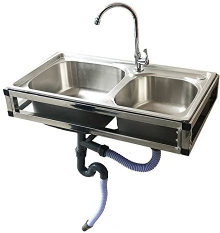 Lavandino per Montaggio a Parete Lavamani, lavello Commerciale in Acciaio Inossidabile 304 Lavello da Cucina a 2 Scomparti, lavelli da Bar/Preparazione per lavello da Esterno, per Garage, Ristorante,