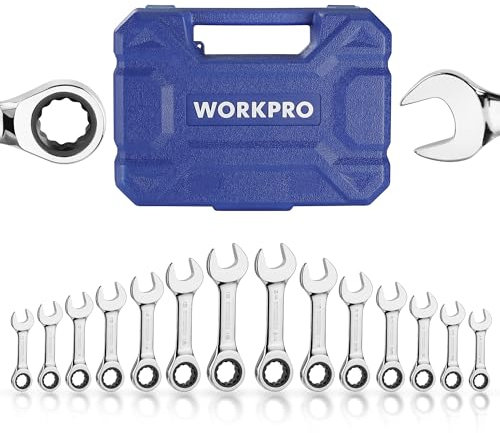 WORKPRO Juego de 14 llaves combinadas de trinquete, 72 dientes, juego de llaves de trinquete combinadas con caja organizadora, SAE 3/8-3/4 pulgadas y métricas de 10-18 mm