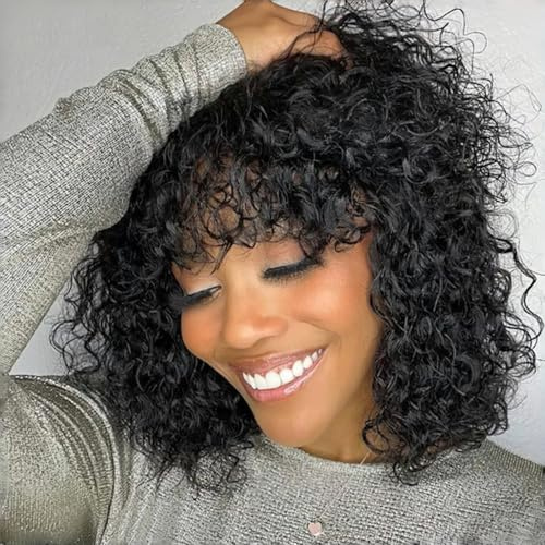Style Icon Echthaar Perücke Human Hair Wig Bob Wig Afro Wigs Short Curly Wigs for Black Women Wig With Bangs (10 inches, 1B)