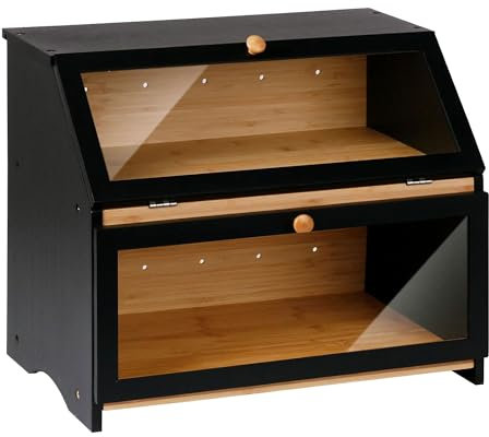 SG Traders Double Decker Bamboo Bread Bin 2-Layer Bread Box Eco-friendly Kitchen Storage Box with Lid for Freshness Natural, Organic, and Sustainable Food Storage Solution (Modern - Black)