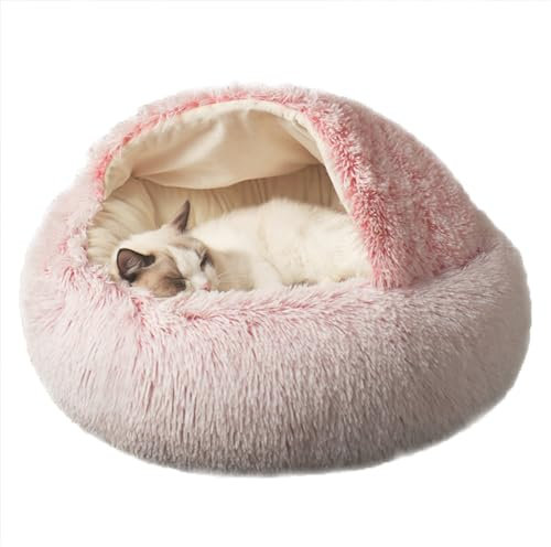 XIEMINLE Beruhigendes Katzenbett, Katzenhaus für Kätzchen und Welpen, Hunde, Anti-Angst-Katzensofa, waschbar, Donut-Kuschelkatzennest, Haustierbett mit rutschfester Unterseite, 60 cm, Rosa