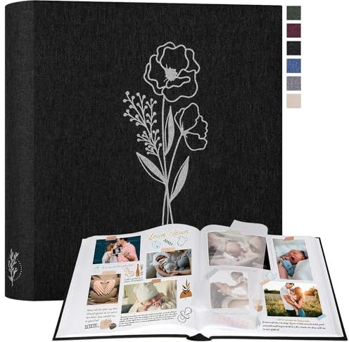 Lanpn Album Photo Scrapbooking, Grand Lin DIY Album 100 Pages Blanches Avec Séparateurs de Cellophane, Pour Photos 9x13cm 10x15cm 13x18cm (Noir, 30x33,5cm)